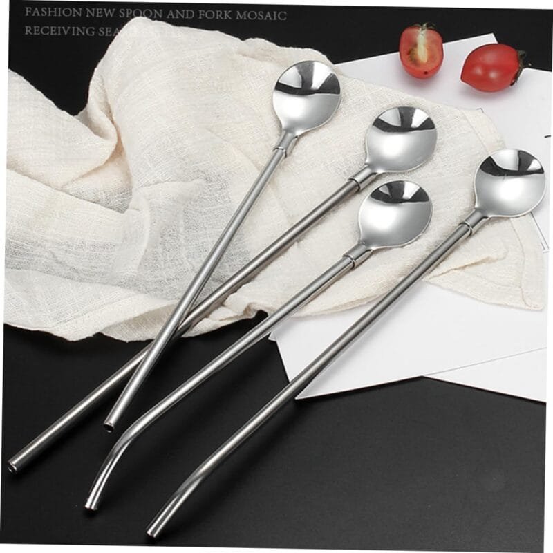 4 PCS SET Stainless Steel Spoon with Straw Reusable Spoon Cocktail Stirrers for Drinks Drinking Straw - Image 7