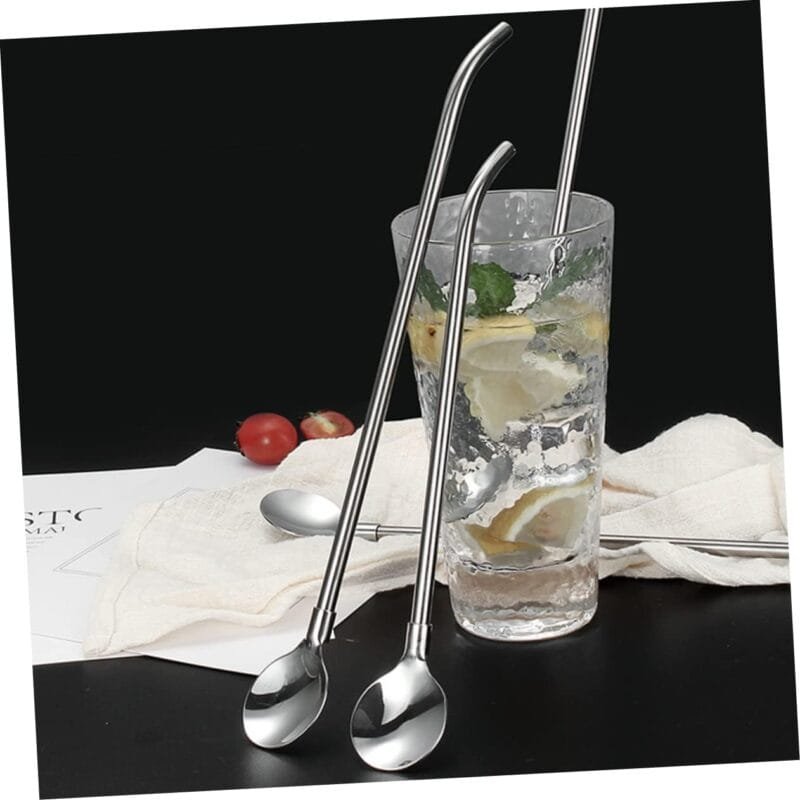 4 PCS SET Stainless Steel Spoon with Straw Reusable Spoon Cocktail Stirrers for Drinks Drinking Straw - Image 6