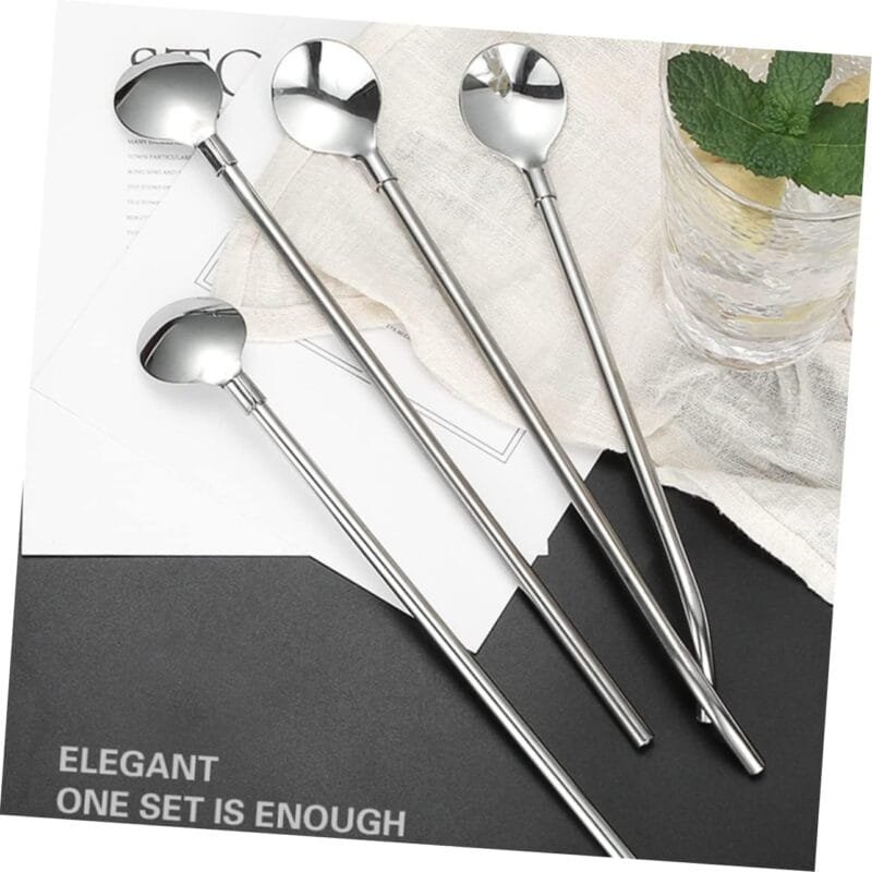 4 PCS SET Stainless Steel Spoon with Straw Reusable Spoon Cocktail Stirrers for Drinks Drinking Straw - Image 2