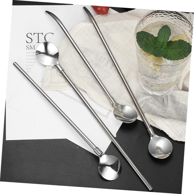 4 PCS SET Stainless Steel Spoon with Straw Reusable Spoon Cocktail Stirrers for Drinks Drinking Straw - Image 4