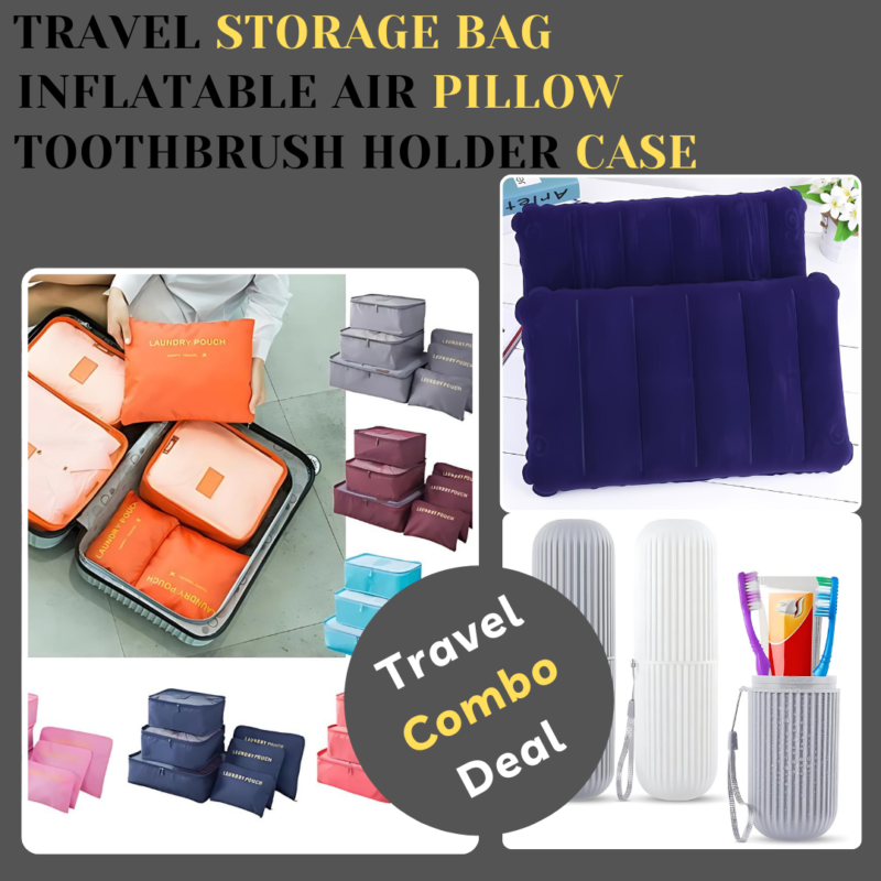 Travel Combo Deal - 6 PCs Travel Clothes Storage Bag Pouch | Inflatable Air Pillow Cushion | Portable Toothbrush Holder Case ( Random Color )