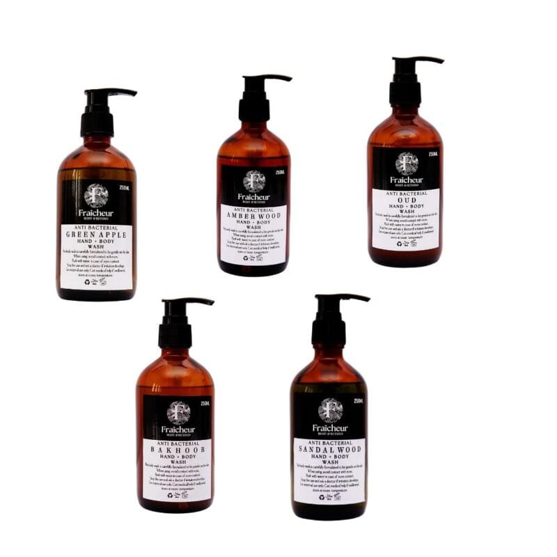 Set Of 5 Hand + Body Wash - 250 ML Bakhoor, Oud, Amberwood, Sandalwood, and Green Apple.