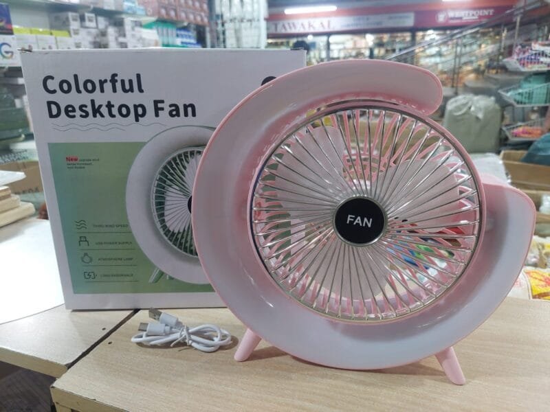 Colorful Deskstop Table Fan with RGB LED Light 3 Speeds G Shape Quiet Fan 180° Adjustable for Office, Home and Outdoor - Rechargeable (Random color) - Image 2