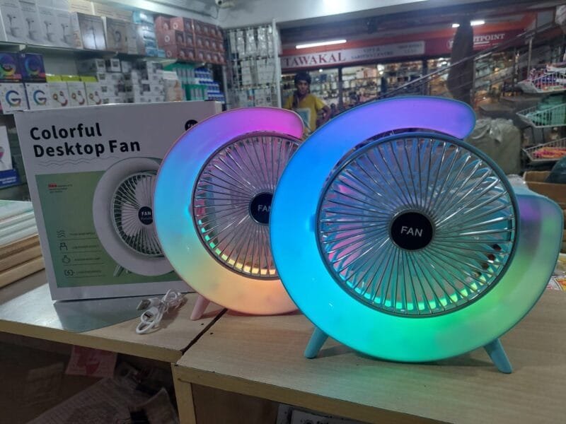 Colorful Deskstop Table Fan with RGB LED Light 3 Speeds G Shape Quiet Fan 180° Adjustable for Office, Home and Outdoor - Rechargeable (Random color) - Image 3