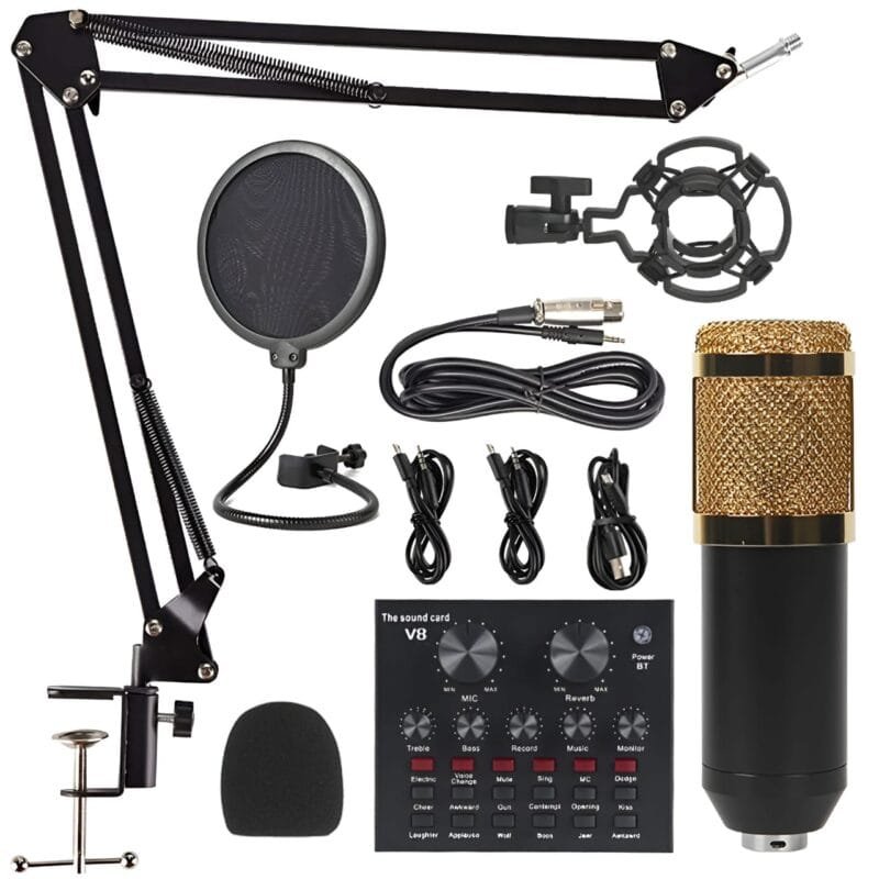 Podcast Mic Set With Live Sound Card,condenser Microphone With Rechargeable 12 Kinds Of Auxiliary Background For Karaoke Singing, Youtube Recording