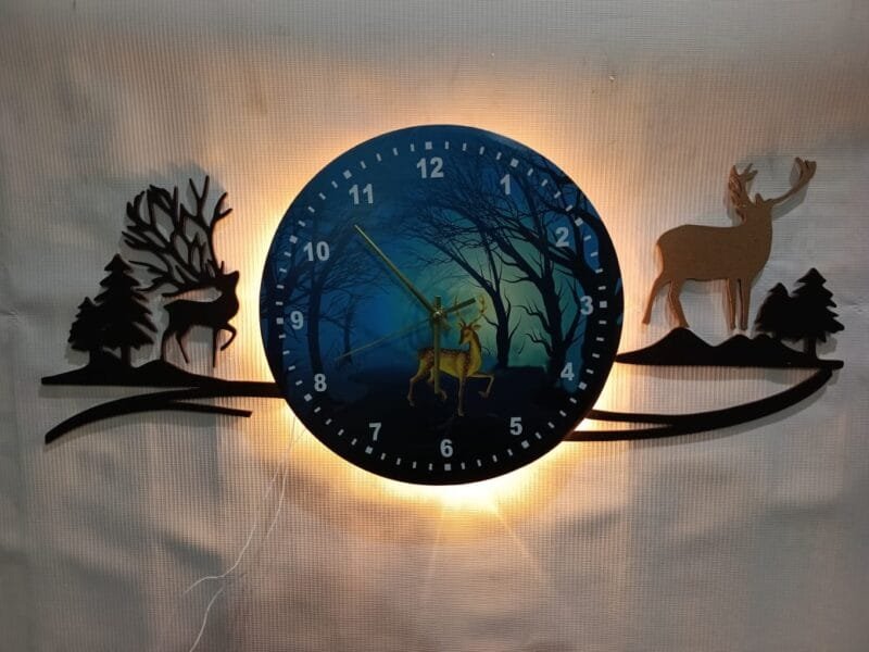 forest figure Deer  3d wood Wall clock blue jungle with light  Fancy Clocks for Bedroom and Drawing Room(with light) - Image 3