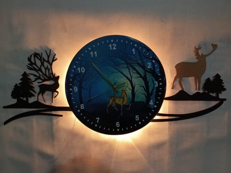 forest figure Deer  3d wood Wall clock blue jungle with light  Fancy Clocks for Bedroom and Drawing Room(with light) - Image 2