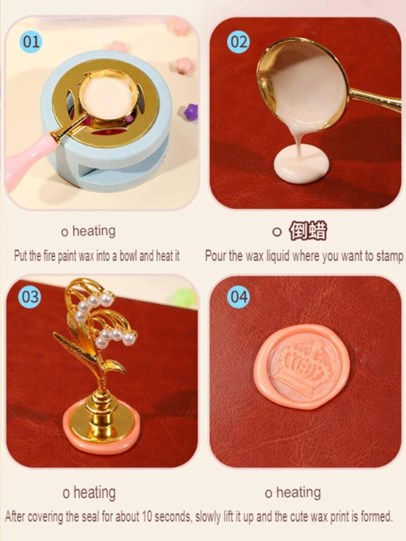 Wax Set With 3 Different Brass Stamps With Holder - Spoon - Candle - Heating Stand (10 colors wax About 520 beans) - Image 2