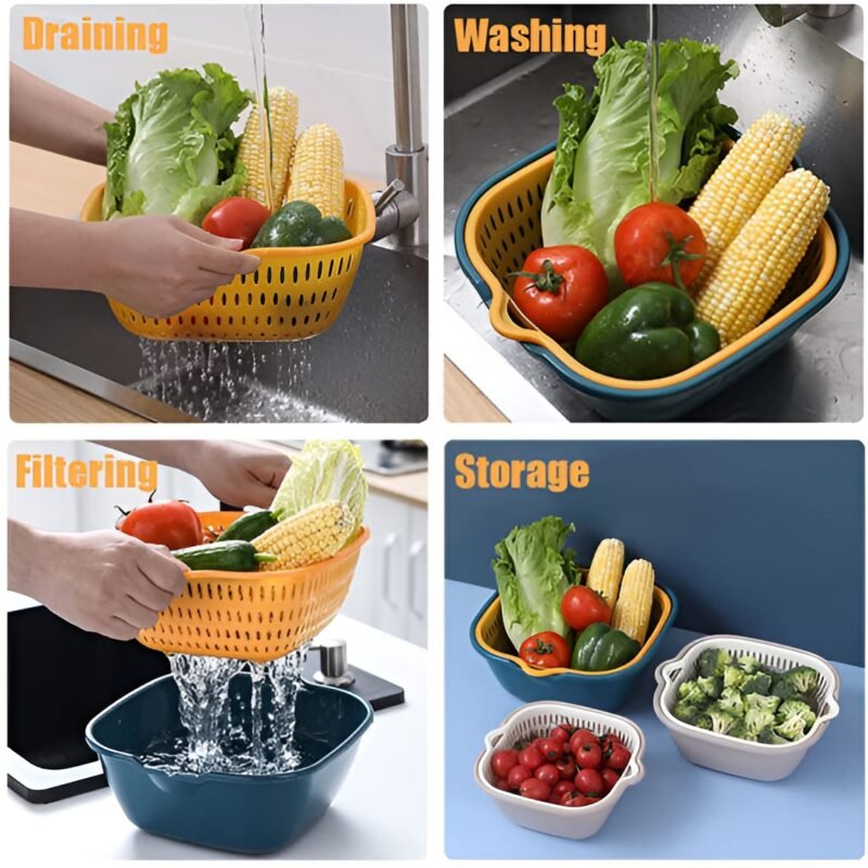 Multi-function Double-layer Draining Storage Basket with Lid | Kitchen Basket (Random Color) - Image 4