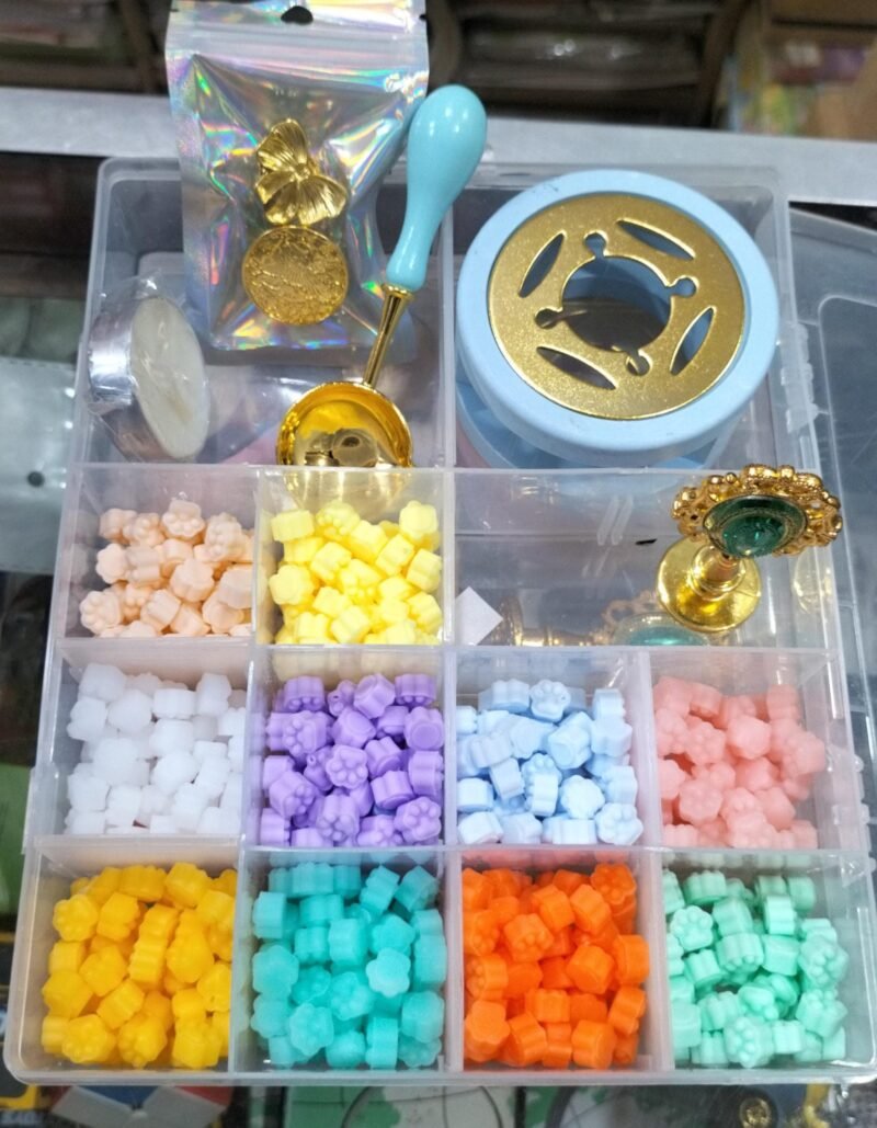 Wax Set With 3 Different Brass Stamps With Holder - Spoon - Candle - Heating Stand (10 colors wax About 520 beans) - Image 7