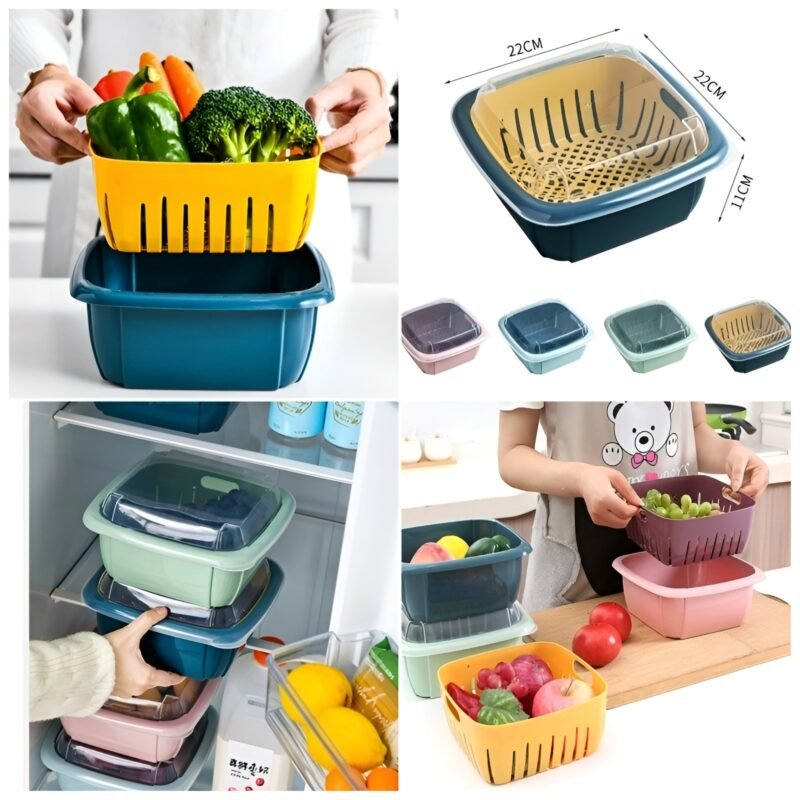 Multi-function Double-layer Draining Storage Basket with Lid | Kitchen Basket (Random Color) - Image 12
