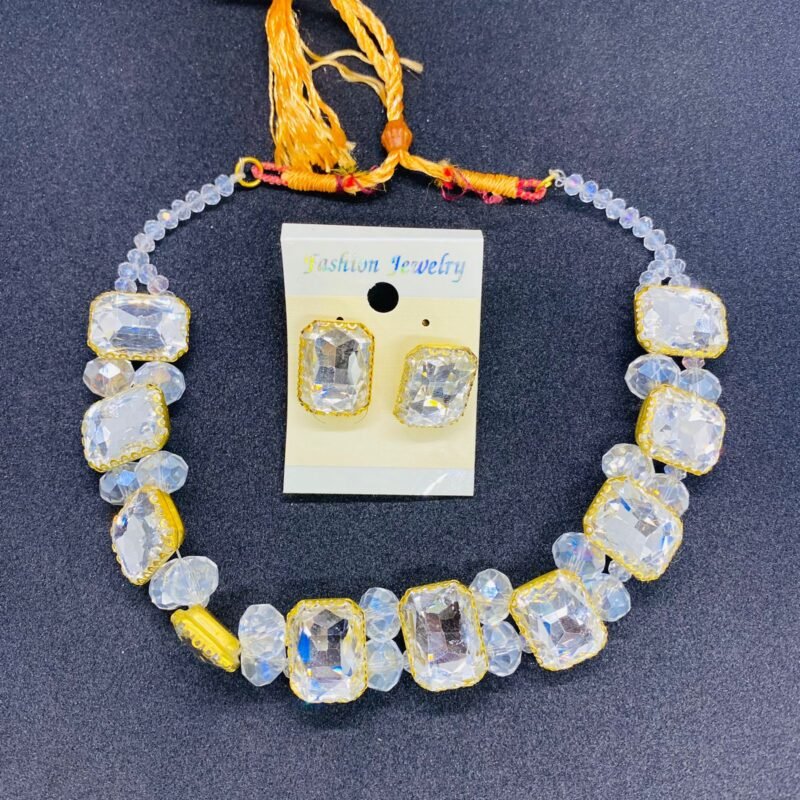 Premium quality crystal white stones chokers necklace with earrings set gift for girls - Image 2