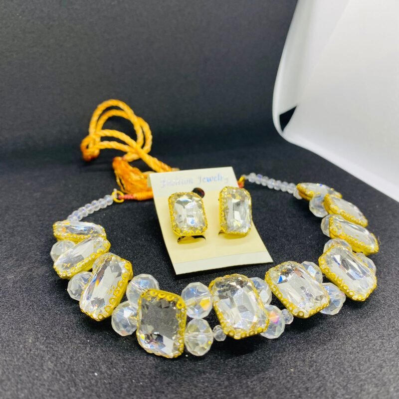 Premium quality crystal white stones chokers necklace with earrings set gift for girls - Image 4
