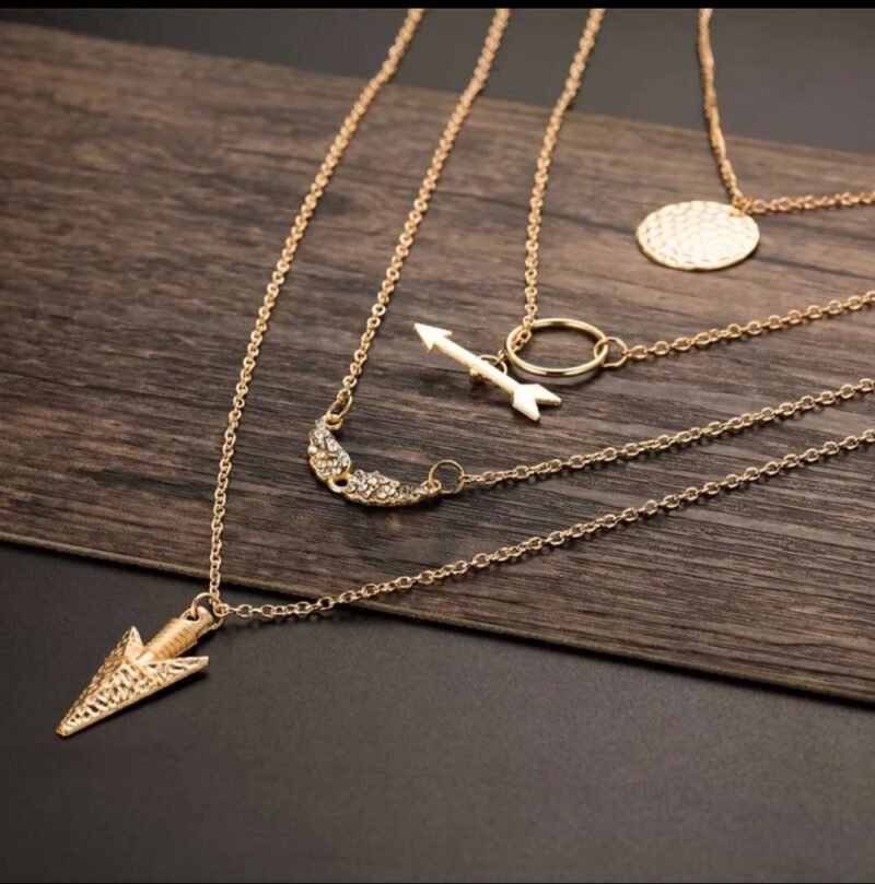 Stylish Golden Colored Ladies Necklace With 3 Layered Chains And 3 Different Pendants - Image 3