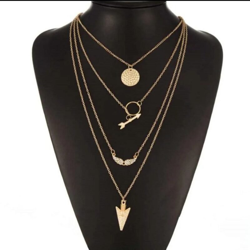 Stylish Golden Colored Ladies Necklace With 3 Layered Chains And 3 Different Pendants - Image 2