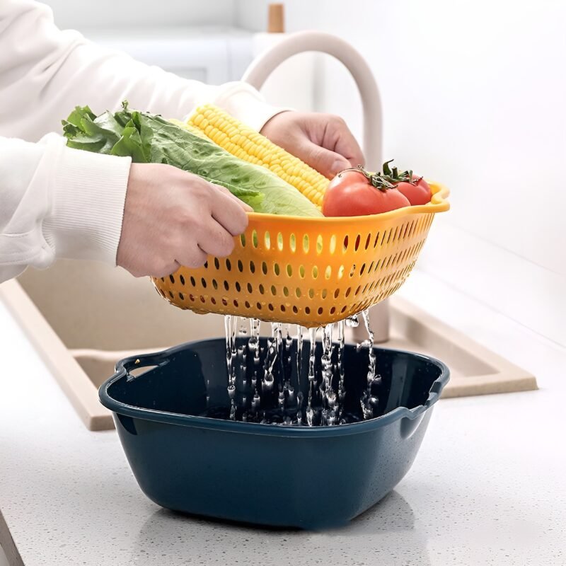 Multi-function Double-layer Draining Storage Basket with Lid | Kitchen Basket (Random Color) - Image 6