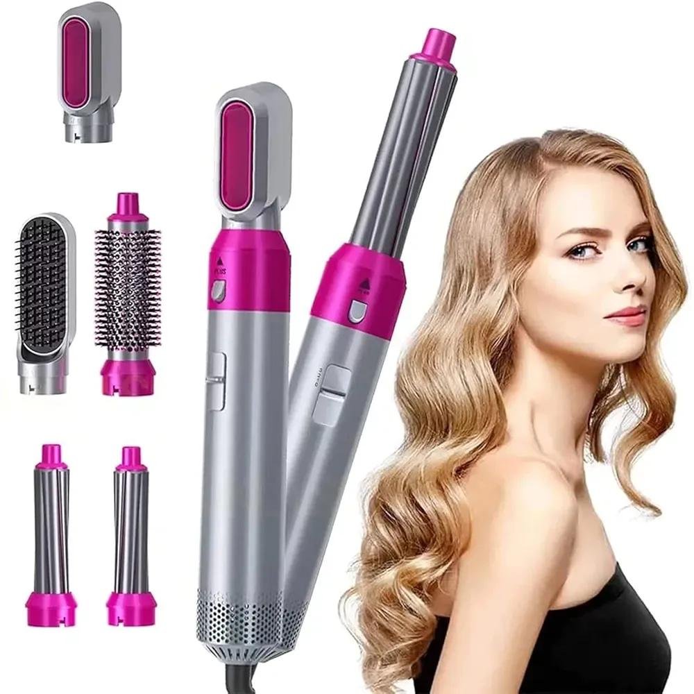5-in-1 Hair Curler & Straightener Pink Silver ABS